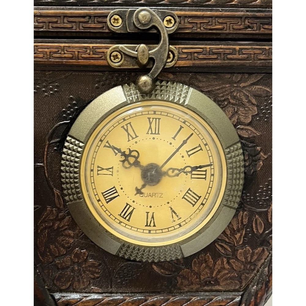 Vintage-Style Wooden Clock/Keepsake Box Hinged Lid Velvet Lined Latch Triangle - Picture 3 of 14